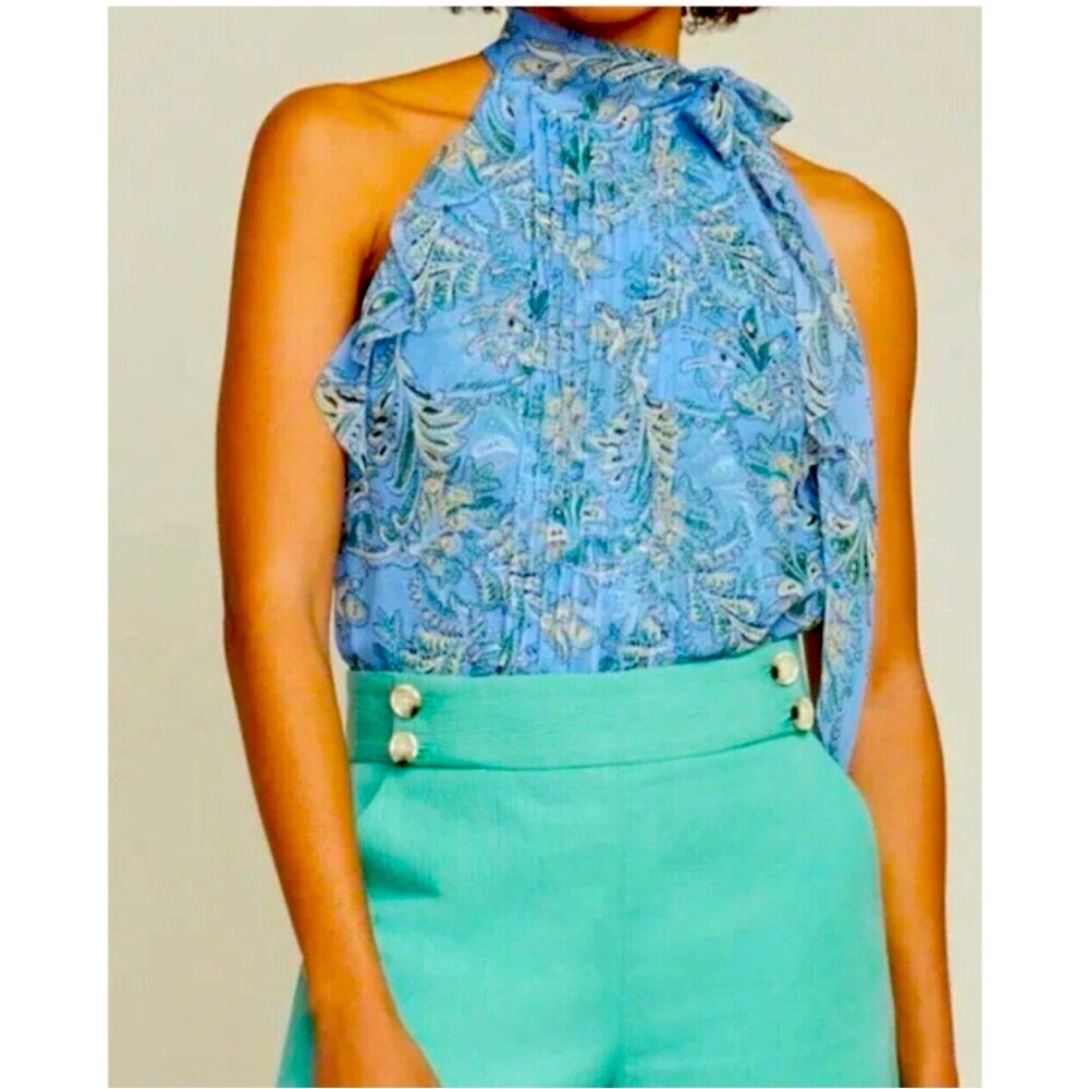 Veronica Beard Women's Pleated Tie Neck Dali Top in Blue Size 2